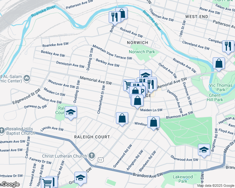 map of restaurants, bars, coffee shops, grocery stores, and more near 2103 Westover Avenue Southwest in Roanoke