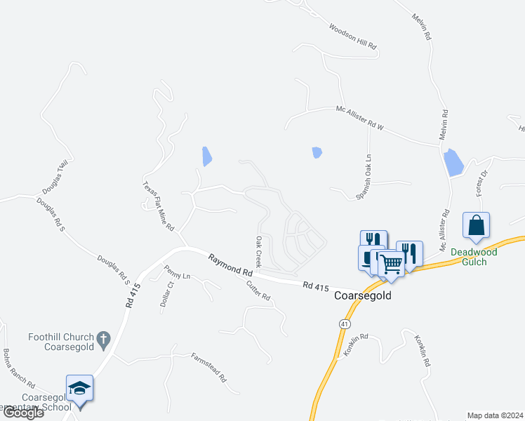 map of restaurants, bars, coffee shops, grocery stores, and more near 46041 Road 415 in Coarsegold