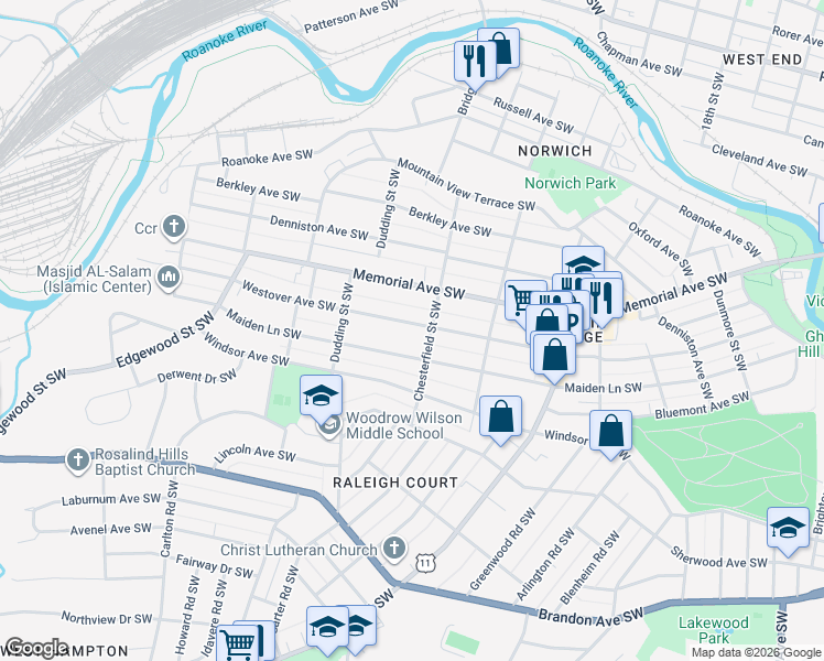 map of restaurants, bars, coffee shops, grocery stores, and more near 2216 Westover Avenue Southwest in Roanoke