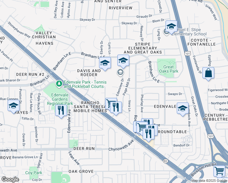 map of restaurants, bars, coffee shops, grocery stores, and more near 143 Carling Court in San Jose