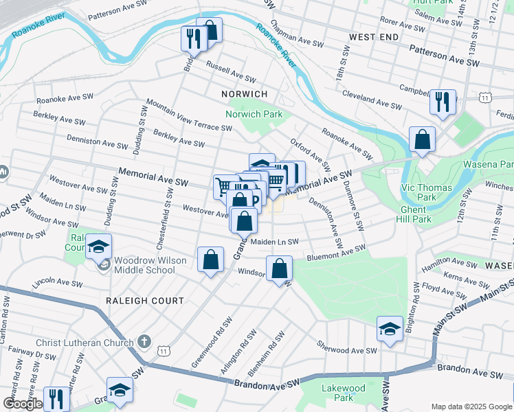 map of restaurants, bars, coffee shops, grocery stores, and more near 1316 Grandin Road Southwest in Roanoke