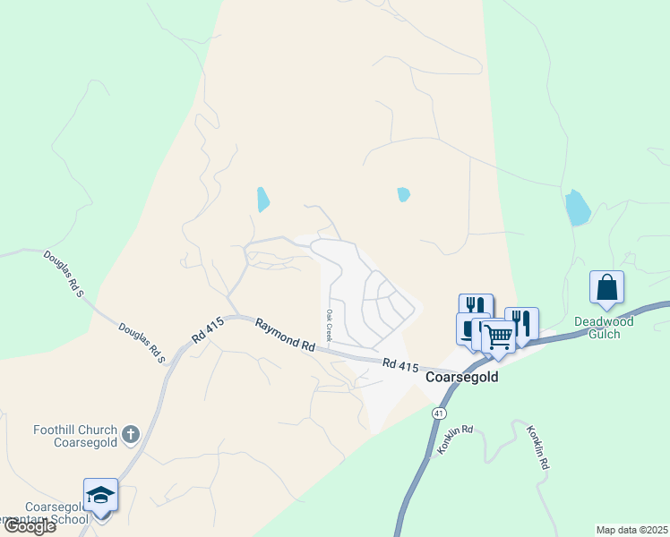 map of restaurants, bars, coffee shops, grocery stores, and more near 46041 Road 415 in Coarsegold