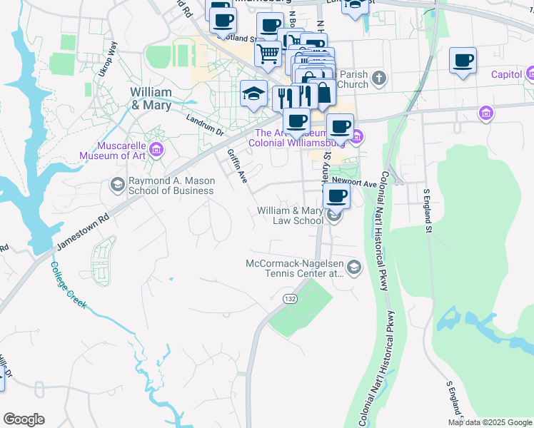 map of restaurants, bars, coffee shops, grocery stores, and more near 413 Griffin Avenue in Williamsburg