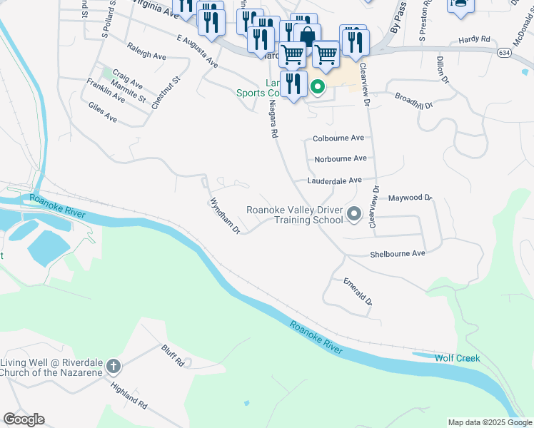 map of restaurants, bars, coffee shops, grocery stores, and more near 121 Southampton Drive in Vinton
