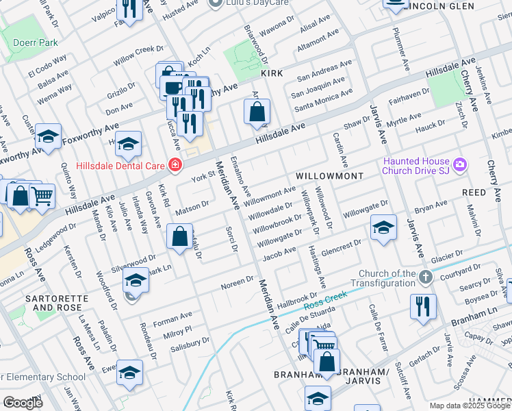 map of restaurants, bars, coffee shops, grocery stores, and more near 1593 Willowmont Avenue in San Jose