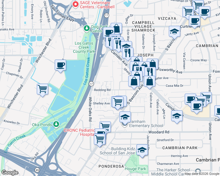 map of restaurants, bars, coffee shops, grocery stores, and more near 173 Redding Road in Campbell