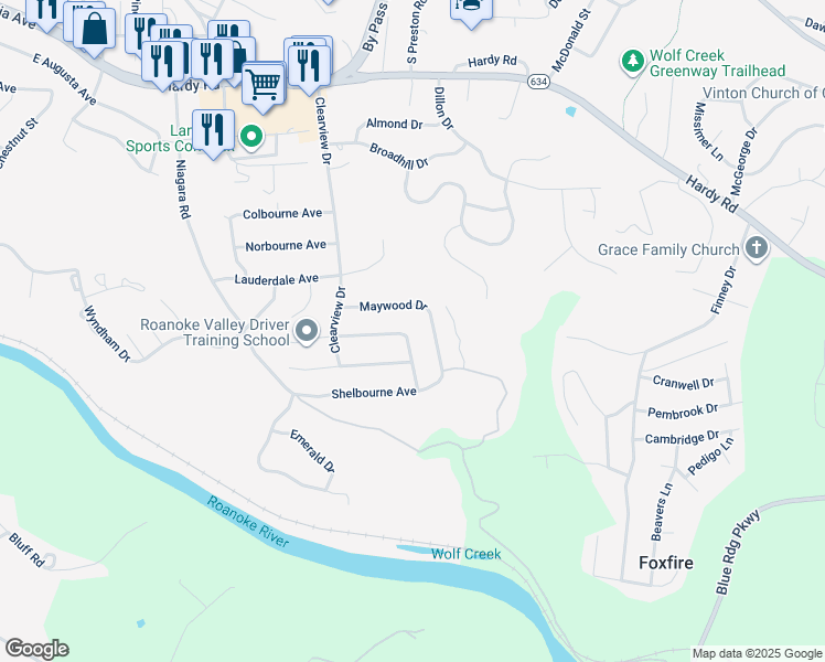 map of restaurants, bars, coffee shops, grocery stores, and more near 1062 Blandford Avenue in Vinton