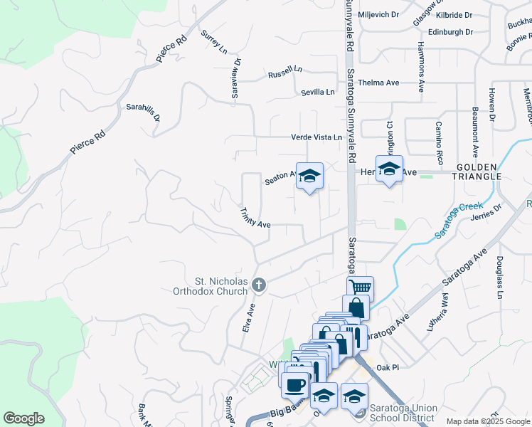 map of restaurants, bars, coffee shops, grocery stores, and more near 13902 Malcom Avenue in Saratoga