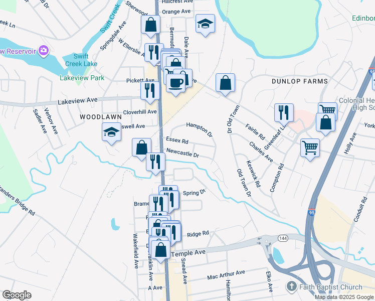 map of restaurants, bars, coffee shops, grocery stores, and more near 124 Newcastle Drive in Colonial Heights