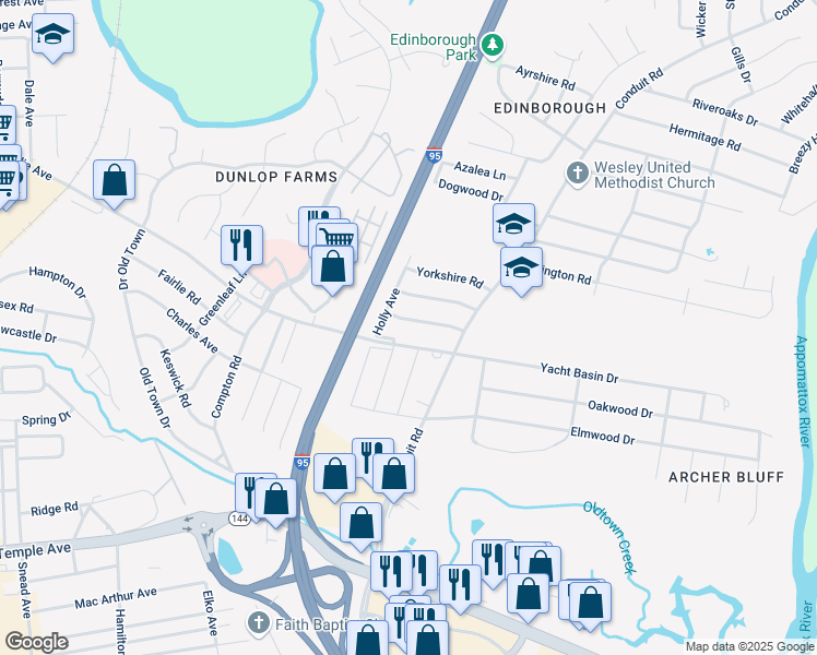 map of restaurants, bars, coffee shops, grocery stores, and more near 909 Jamestown Road in Colonial Heights