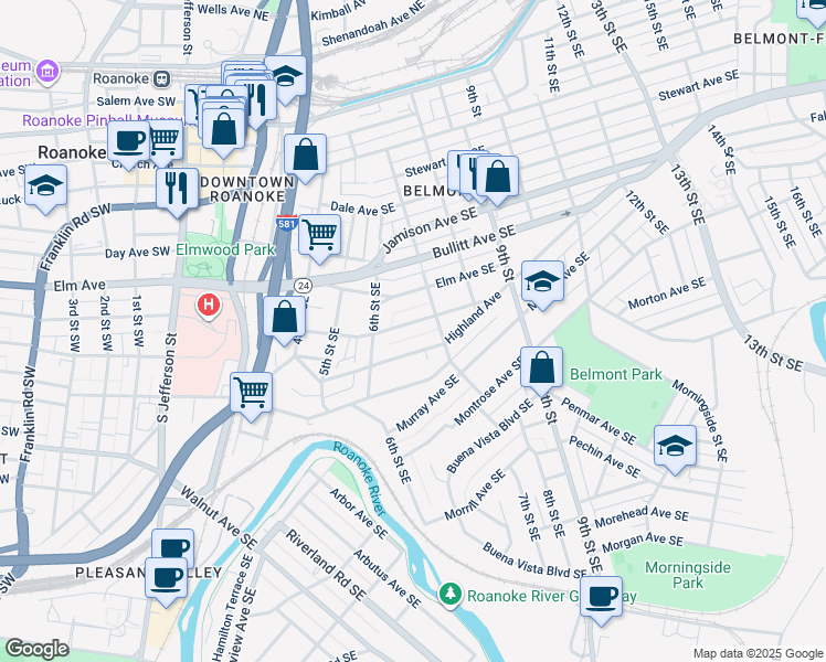 map of restaurants, bars, coffee shops, grocery stores, and more near 625 Mountain Avenue Southeast in Roanoke