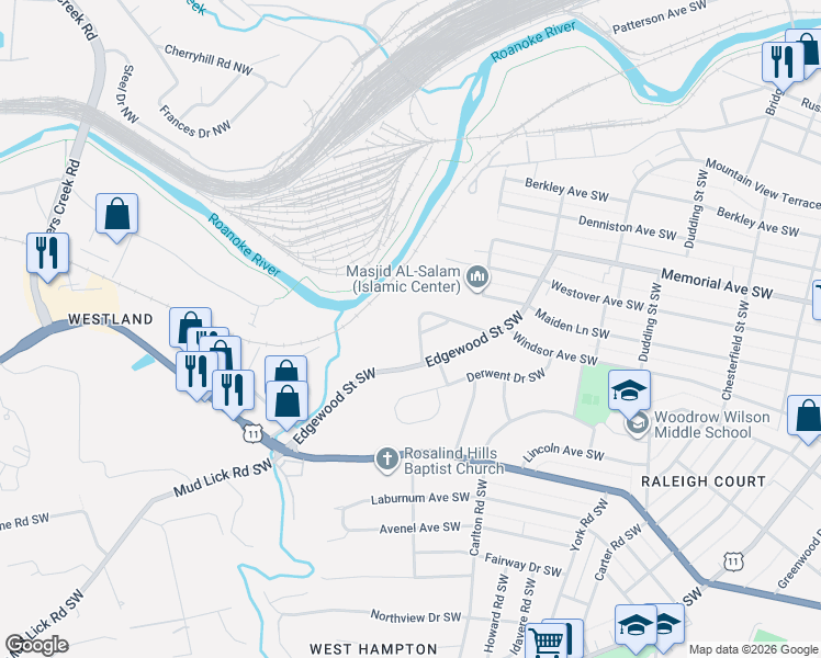 map of restaurants, bars, coffee shops, grocery stores, and more near 1850 Malvern Road Southwest in Roanoke
