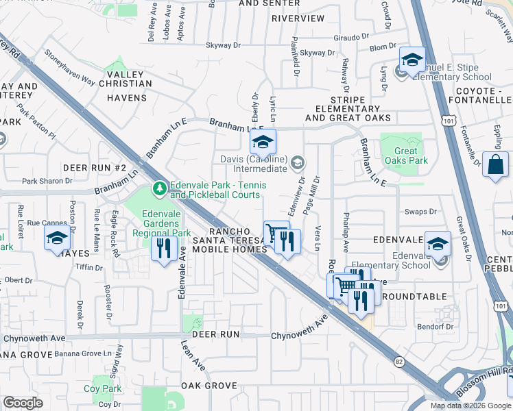map of restaurants, bars, coffee shops, grocery stores, and more near 80 Cyclamen Court in San Jose