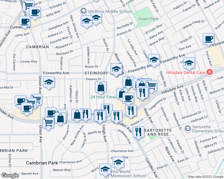 map of restaurants, bars, coffee shops, grocery stores, and more near 3038 Pistache Lane in San Jose