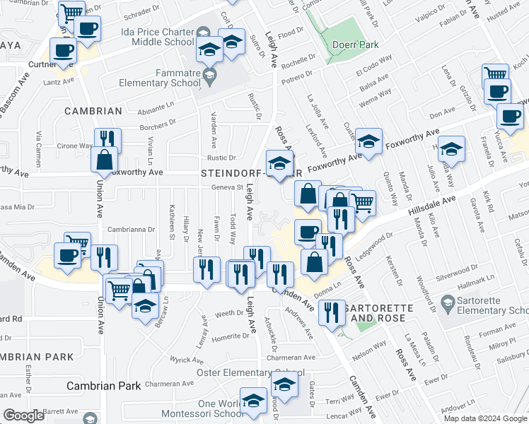 map of restaurants, bars, coffee shops, grocery stores, and more near 3038 Pistache Lane in San Jose