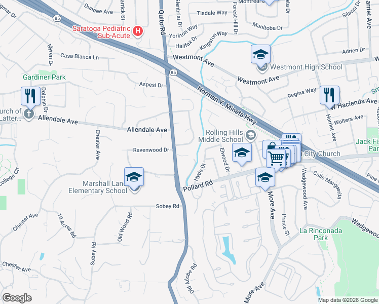 map of restaurants, bars, coffee shops, grocery stores, and more near 13975 Quito Oaks Way in Saratoga