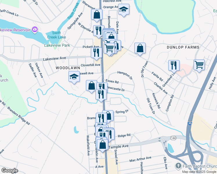 map of restaurants, bars, coffee shops, grocery stores, and more near 107 Essex Road in Colonial Heights
