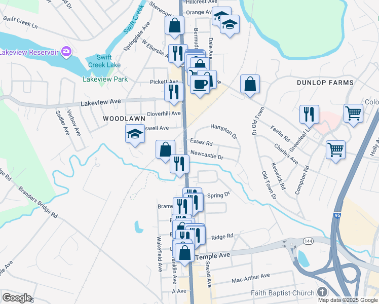 map of restaurants, bars, coffee shops, grocery stores, and more near 129 Newcastle Drive in Colonial Heights