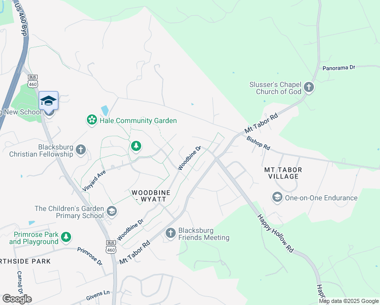 map of restaurants, bars, coffee shops, grocery stores, and more near 2106 Broken Oak Drive in Blacksburg