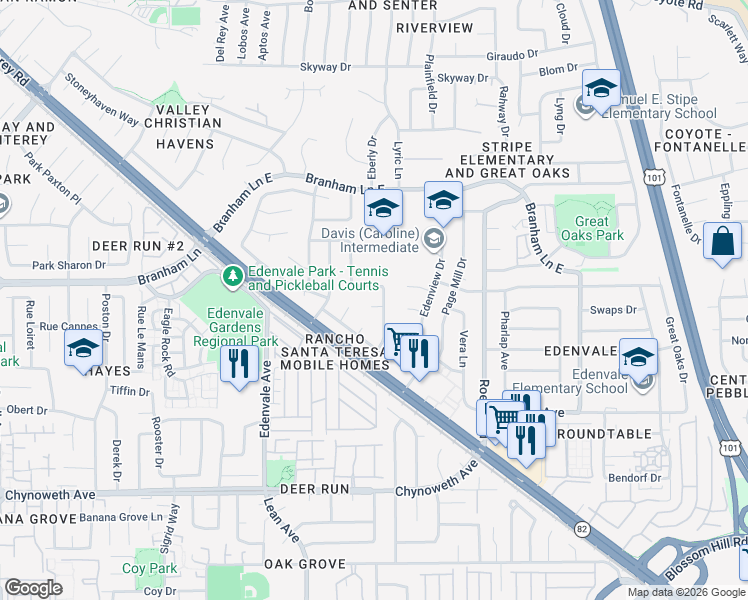 map of restaurants, bars, coffee shops, grocery stores, and more near 80 Cyclamen Court in San Jose