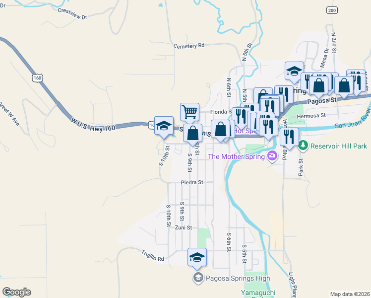 map of restaurants, bars, coffee shops, grocery stores, and more near 819 San Juan Dr in Pagosa Springs