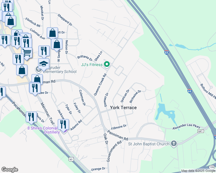 map of restaurants, bars, coffee shops, grocery stores, and more near 1101 Stewart Drive in Williamsburg