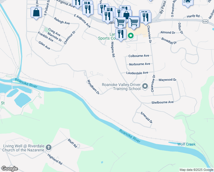 map of restaurants, bars, coffee shops, grocery stores, and more near 107 Oxford Square in Vinton