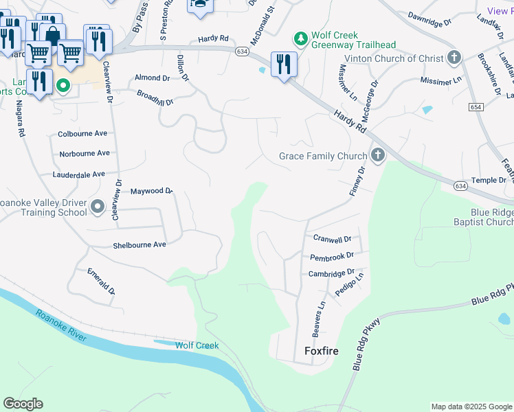 map of restaurants, bars, coffee shops, grocery stores, and more near 1403 Abbey Circle in Vinton