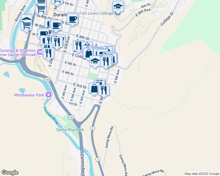 map of restaurants, bars, coffee shops, grocery stores, and more near 843 East 4th Street in Durango