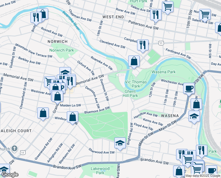 map of restaurants, bars, coffee shops, grocery stores, and more near 1515 Westover Avenue Southwest in Roanoke