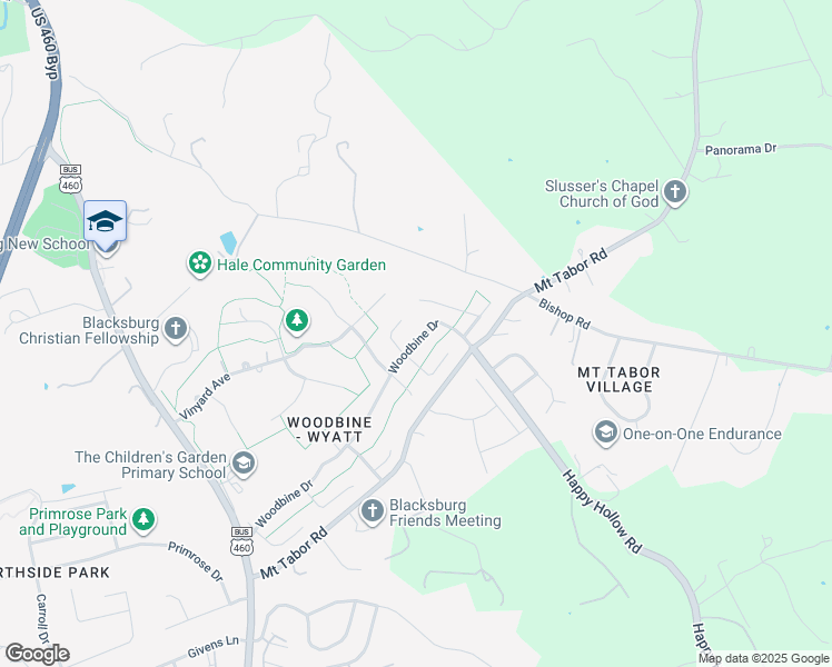 map of restaurants, bars, coffee shops, grocery stores, and more near 2106 Broken Oak Drive in Blacksburg