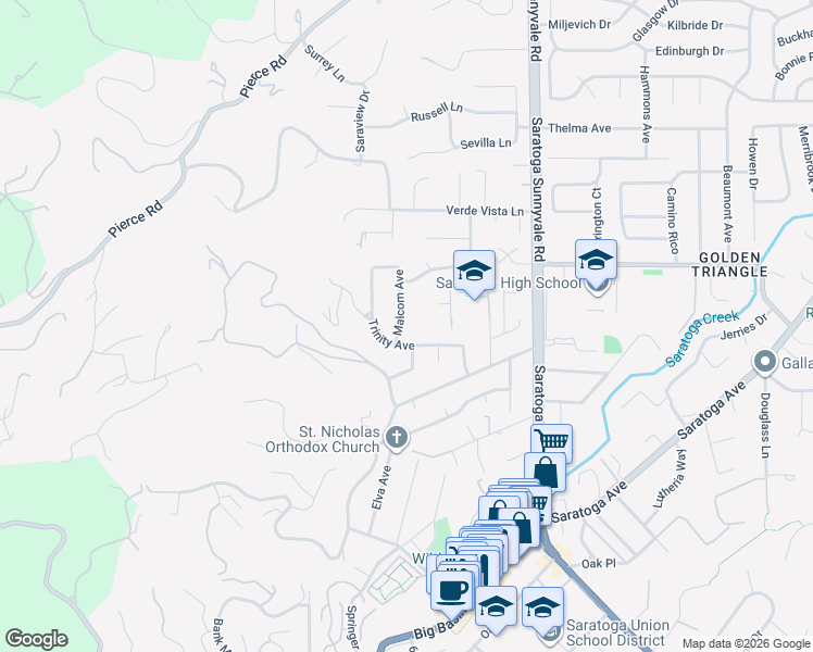 map of restaurants, bars, coffee shops, grocery stores, and more near 13902 Malcom Avenue in Saratoga