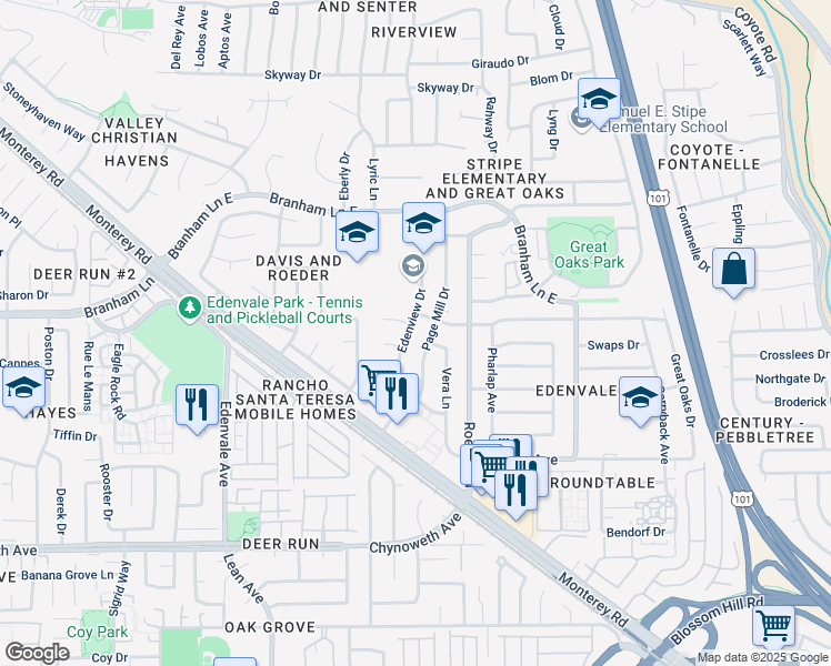 map of restaurants, bars, coffee shops, grocery stores, and more near 5052 Edenview Drive in San Jose