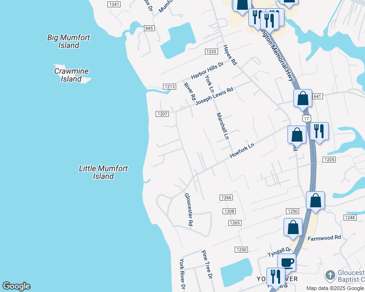 map of restaurants, bars, coffee shops, grocery stores, and more near Hill Road in Gloucester Point