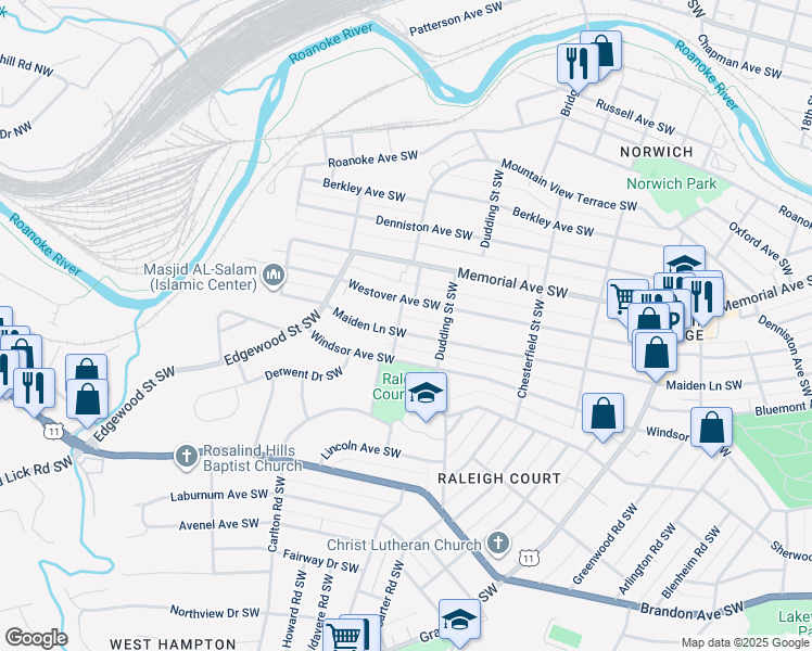 map of restaurants, bars, coffee shops, grocery stores, and more near 2335 Maiden Lane Southwest in Roanoke