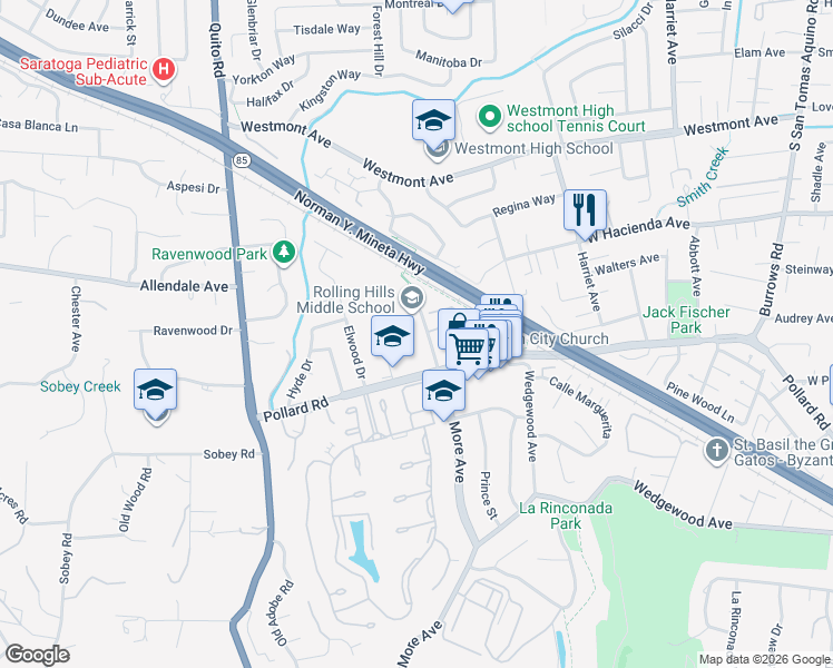 map of restaurants, bars, coffee shops, grocery stores, and more near 1585 More Avenue in Los Gatos