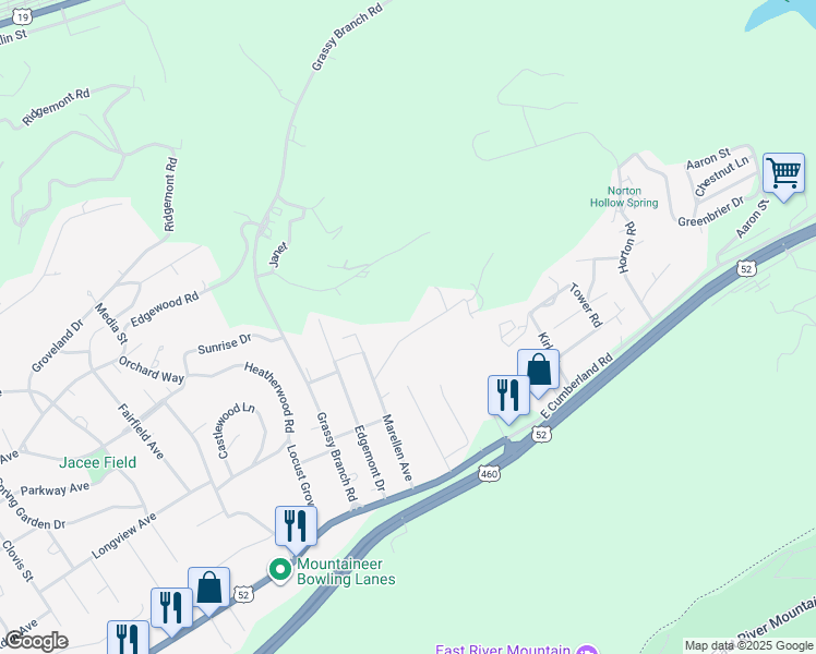 map of restaurants, bars, coffee shops, grocery stores, and more near 3903 Carey St in Bluefield