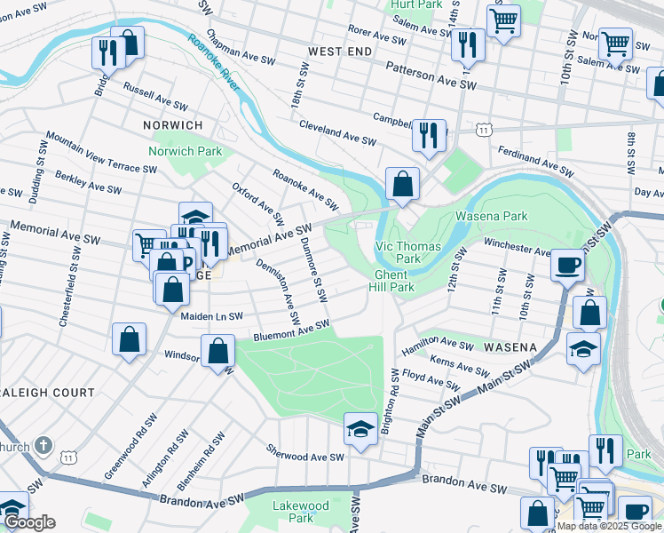 map of restaurants, bars, coffee shops, grocery stores, and more near 1515 Westover Avenue Southwest in Roanoke