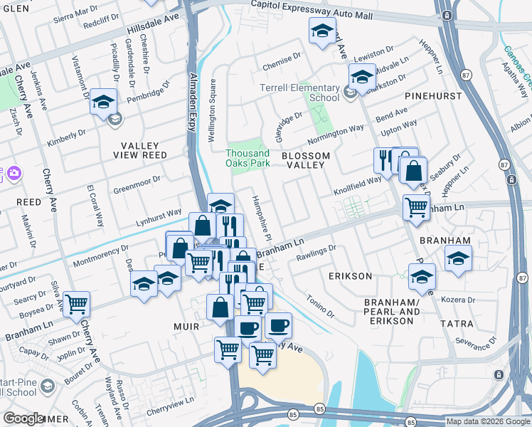 map of restaurants, bars, coffee shops, grocery stores, and more near 4484 Hampshire Place in San Jose