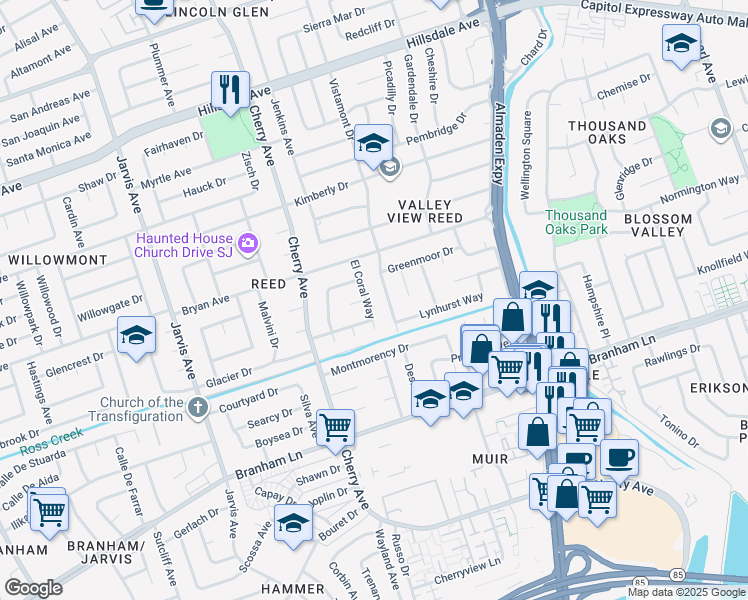 map of restaurants, bars, coffee shops, grocery stores, and more near 4062 El Coral Way in San Jose