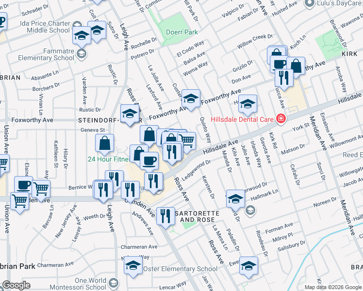 map of restaurants, bars, coffee shops, grocery stores, and more near 3188 Cyrus Avenue in San Jose