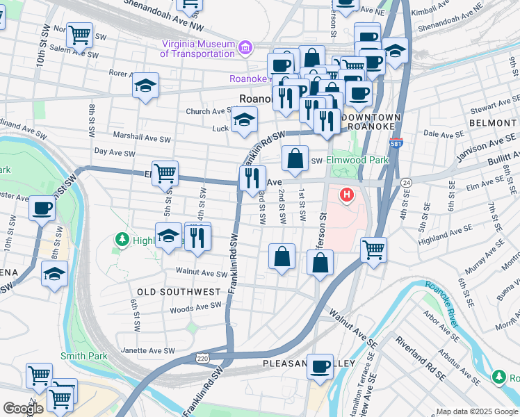 map of restaurants, bars, coffee shops, grocery stores, and more near 305 Mountain Avenue Southwest in Roanoke