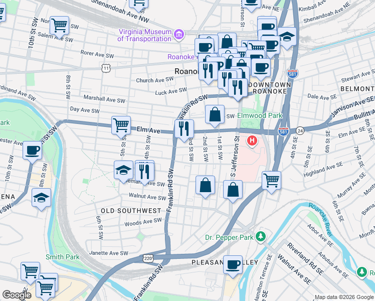 map of restaurants, bars, coffee shops, grocery stores, and more near 305 Mountain Avenue Southwest in Roanoke