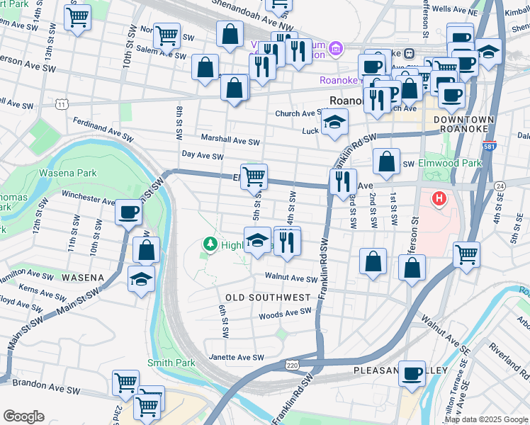 map of restaurants, bars, coffee shops, grocery stores, and more near 430 Mountain Avenue Southwest in Roanoke