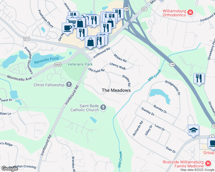 map of restaurants, bars, coffee shops, grocery stores, and more near 138 Old Field Road in Williamsburg