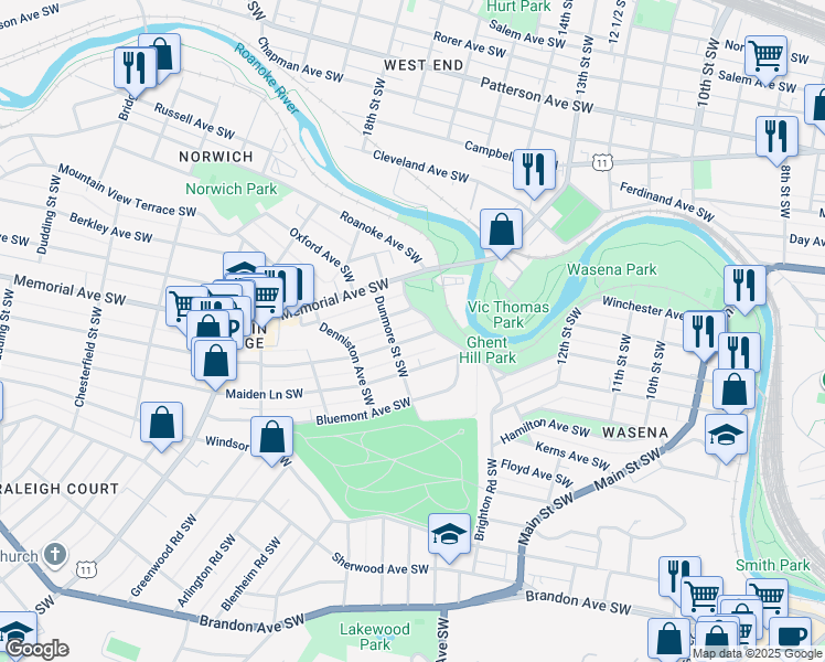 map of restaurants, bars, coffee shops, grocery stores, and more near 1515 Westover Avenue Southwest in Roanoke