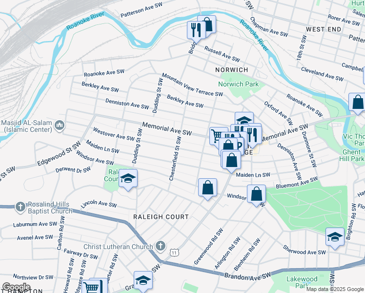 map of restaurants, bars, coffee shops, grocery stores, and more near 2141 Westover Avenue Southwest in Roanoke