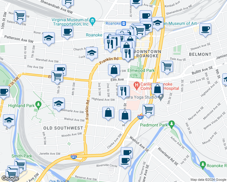 map of restaurants, bars, coffee shops, grocery stores, and more near 110 Mountain Avenue Southwest in Roanoke
