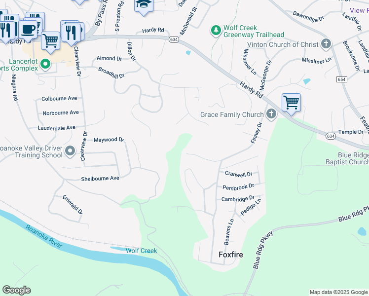 map of restaurants, bars, coffee shops, grocery stores, and more near 1403 Abbey Circle in Vinton