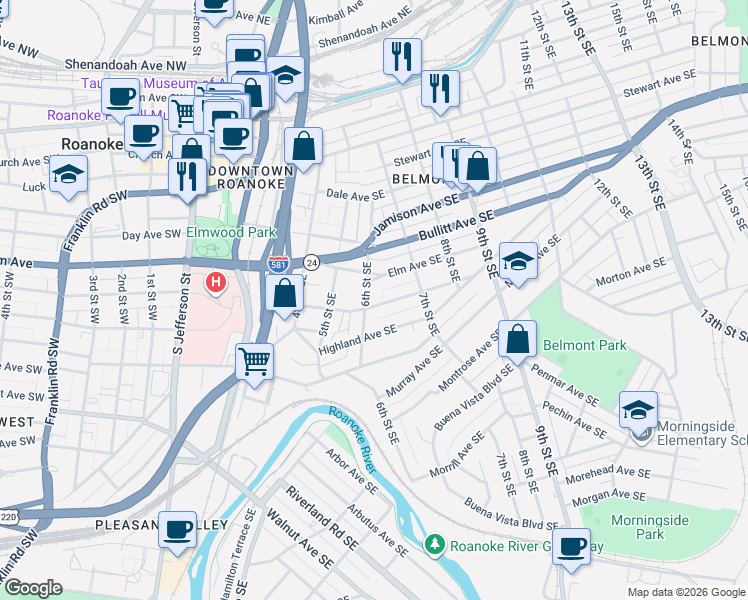 map of restaurants, bars, coffee shops, grocery stores, and more near 811 6th Street Southeast in Roanoke